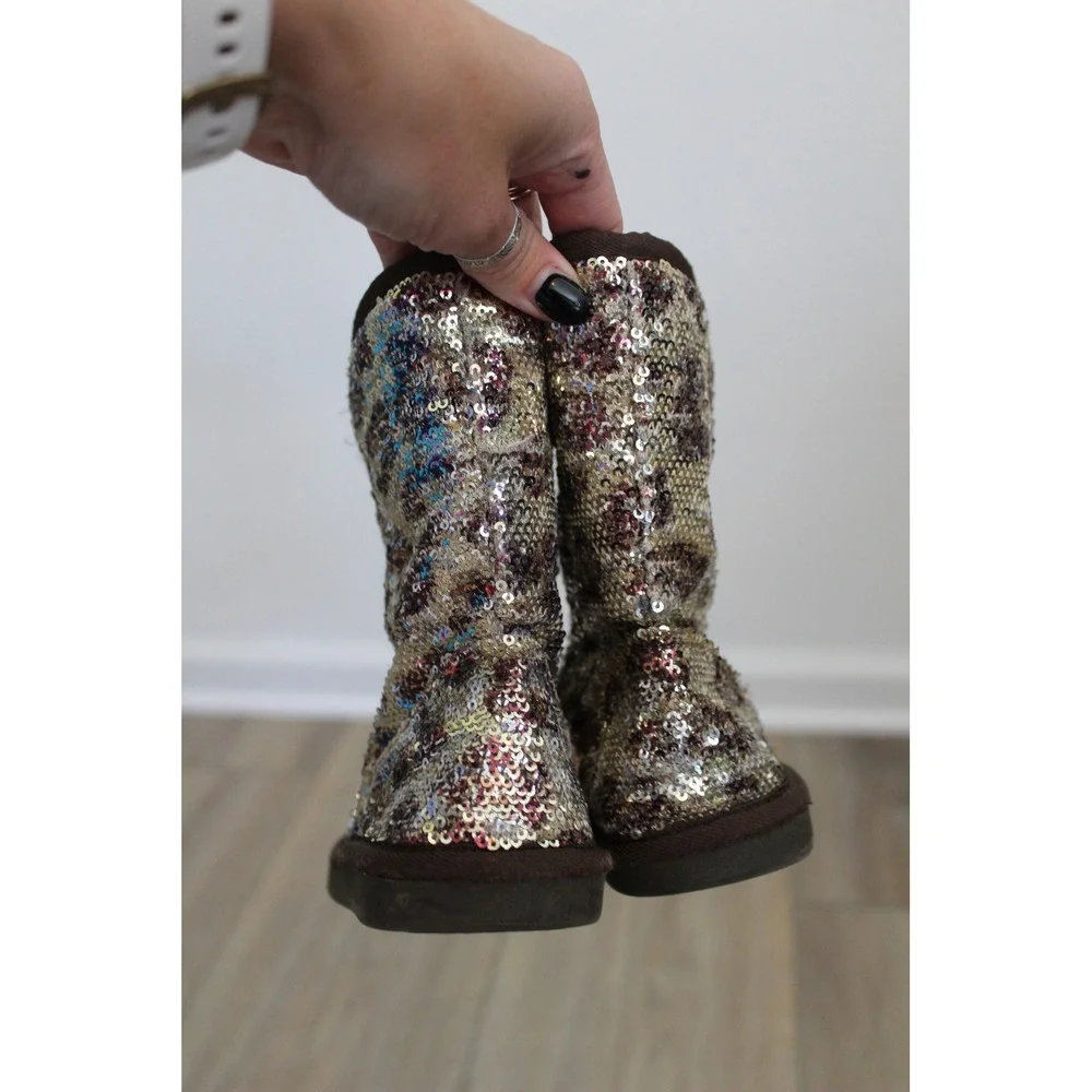 Stuart Weitzman Kids Leopard Sequin Faux Fur Lined Boots‎ Gold Brown Size 10